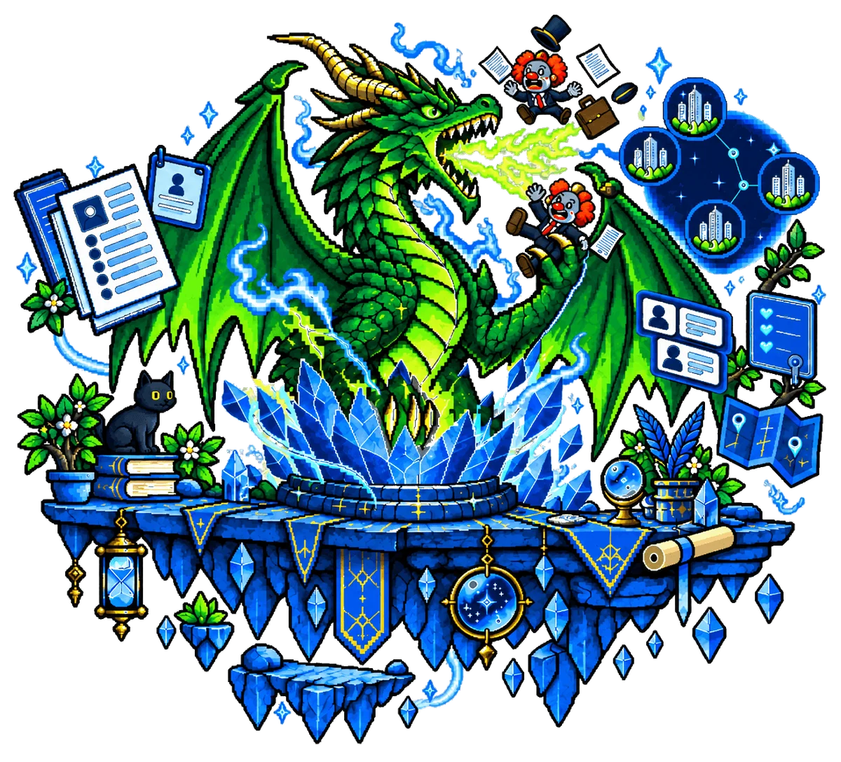 A fearsome green pixel-art dragon overpowering bad-HR clowns in a magical blue career workshop