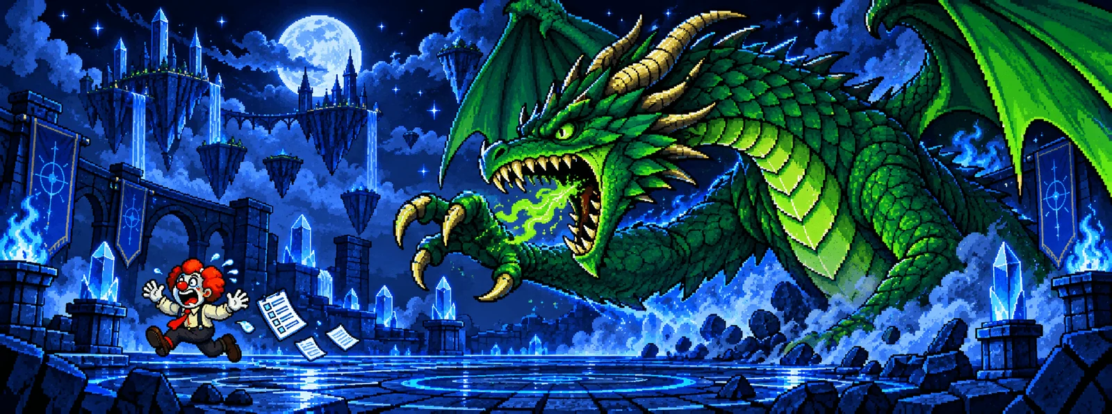 A gigantic green pixel-art dragon closes in on a panicked clown who dropped a hiring checklist